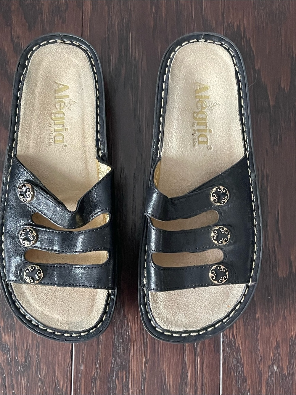 ALEGRIA F10-211 3 Strap Venice Sandals Slides Quarry Black Size 36 US 6/6.5